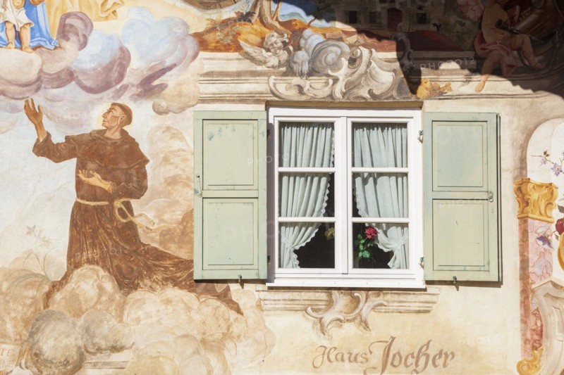 Lueftlmalerei on old house facade with wooden window, Jocherhaus, district Garmisch, Garmisch-Partenkirchen, Werdenfelser Land, Upper Bavaria, Bavaria, Germany, Europe