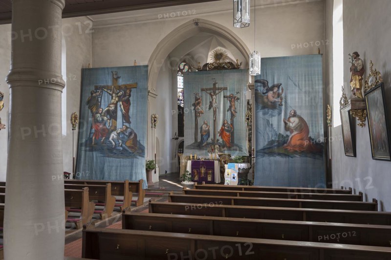Three historical Lenten cloths, created around 1890, St Laurentius Church, Schoenau an der Brend, Lower Franconia, Bavaria, Germany, Europe