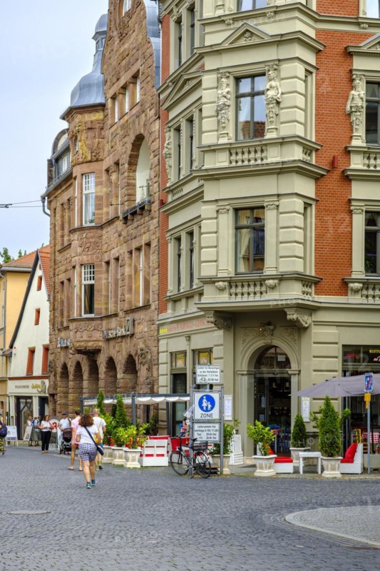 Everyday busy street scene in Frauentorstrasse in the historic city centre of Weimar, Thuringia, Germany, 13 August 2020, for editorial use only, Europe
