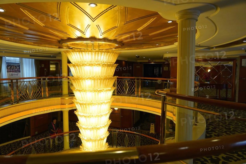 Cruise ship on the Yangtze River, Yichang, Hubei Province, China, Asia, An impressive chandelier above the opulent staircase of a cruise ship, Shanghai, Asia