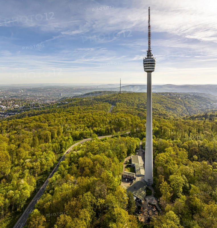 TV tower, the world's first reinforced concrete tower, landmark and sight of the city of Stuttgart and official cultural monument, panoramic photo, drone photo, Stuttgart, Baden-Wuerttemberg, Germany, Europe