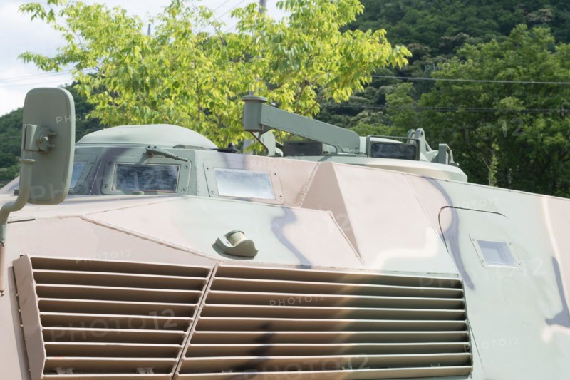 Closeup side view of grill and air vent on military vehicle displayed in public park in Nonsan, South Korea, Asia