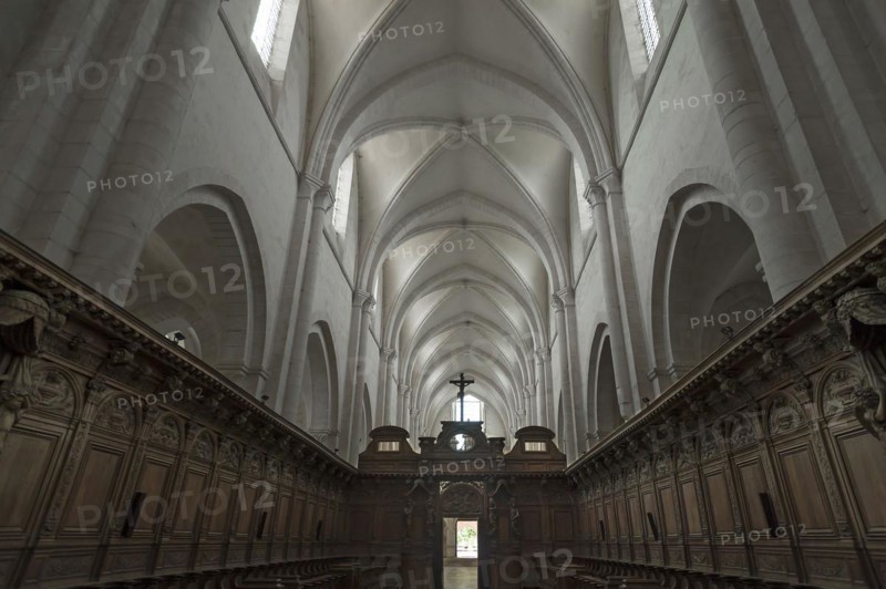Oak choir stalls, 17th century, and ribbed vault in the former Cistercian monastery of Pontigny, Pontigny Abbey was founded in 1114, Pontigny, Bourgogne, France, Europe