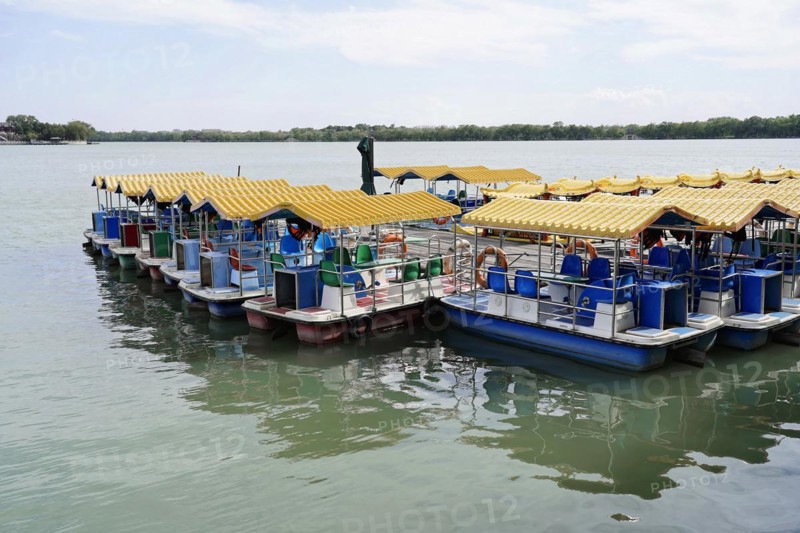 New Summer Palace, Beijing, China, Asia, Row of yellow and blue pedal boats moored on a tranquil lake, Beijing, Asia