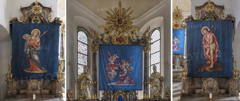Compilation of three historical Lenten cloths, made in 1726, in front of the altars, St Nicholas parish church, Gundelsheim, Baden-Wuerttemberg, Germany, Europe
