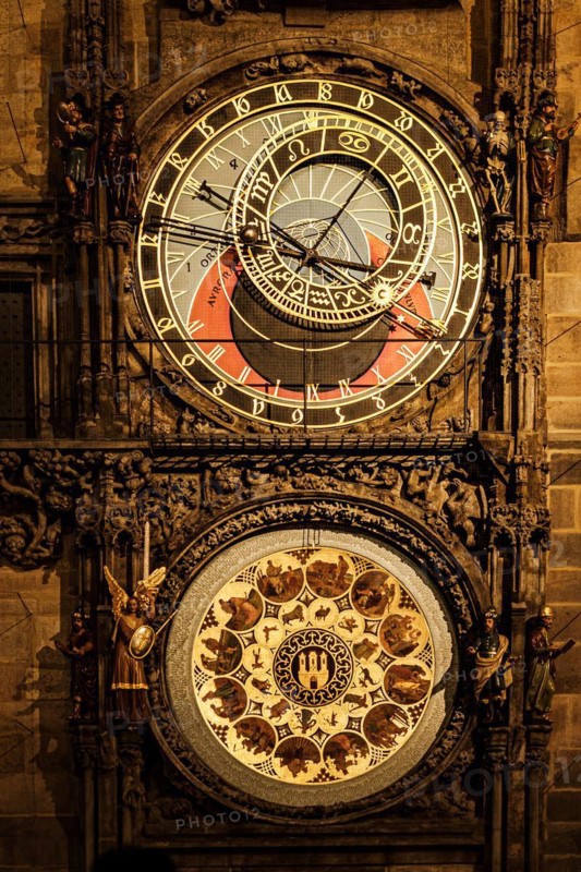 Clock, calendar, sun hand, moon hand, zodiac sign, apostle clock Prague, Prague City Hall, sightseeing, tourist attraction, apostle clock, illumination, night, building, Prague, Czech Republic, Europe