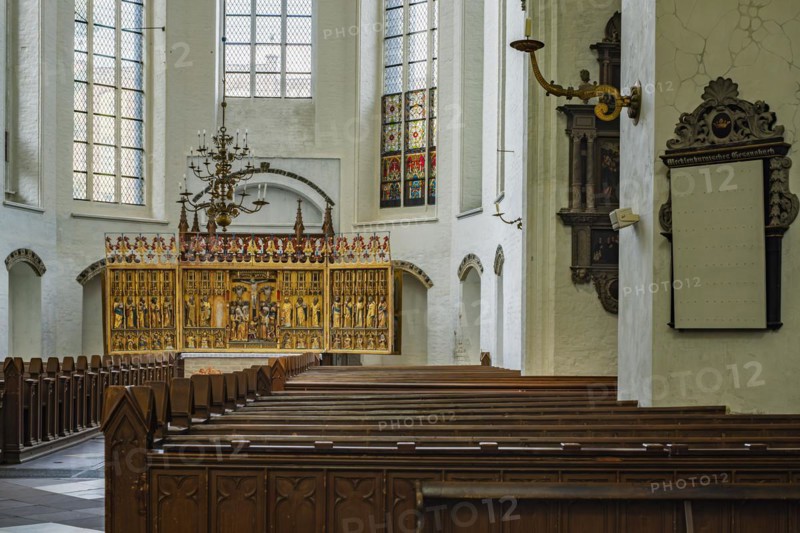Interior view of the northern transept with former high altar of St Nicholas' Church in St Mary's Church in the historic old town of Rostock, Mecklenburg-Western Pomerania, Germany, Europe