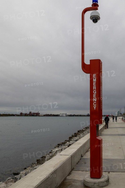 Detroit, Michigan, An emergency call box on the Detroit Riverwalk, on the site of the old Uniroyal tire plant