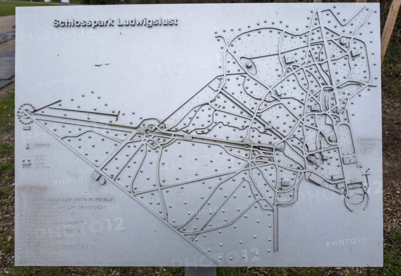 Plan of Ludwigslust Palace Park made of metal in Braille for the blind, Ludwigslust, Mecklenburg-Vorpommern, Germany, Europe