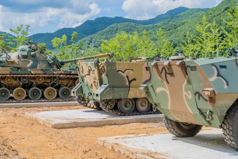 Military landing craft and tank used in Korean war on display in public park in Nonsan, South Korea, Asia