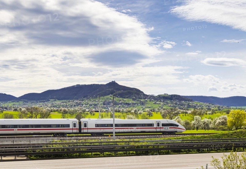 New railway line from Wendlingen to Ulm, Stuttgart21. Section of track near Kirchheim unter Teck with Burg Teck ICE, Kirchheim unter Teck, Baden-Wuerttemberg, Germany, Europe