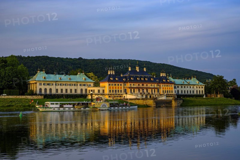 The historic side-wheel steamer KRIPPEN passes Pillnitz Palace in the glow of the setting evening sun, Dresden, Saxony, Germany, 24 May 2019, Europe
