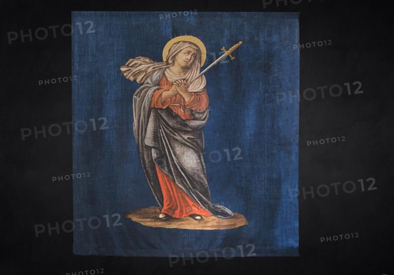 Historic Lenten cloth, made in 1726, on a black background, parish church of St Nicholas, Gundelsheim, Baden-Wuerttemberg, Germany, Europe