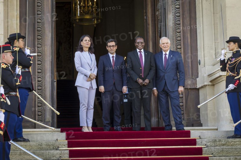 Annalena Baerbock (Alliance 90/The Greens), Federal Foreign Minister, takes a photo during her participation in the international humanitarian conference on Sudan and its neighbouring countries. Here with Stephane Sejourne (2nd from left), Foreign Minister of France, Josep Borrell (R), High Representative of the EU for Foreign Affairs and Security Policy, and the Foreign Minister of South Sudan, James Pitia Morgan. 'Photographed on behalf of the Federal Foreign Office'