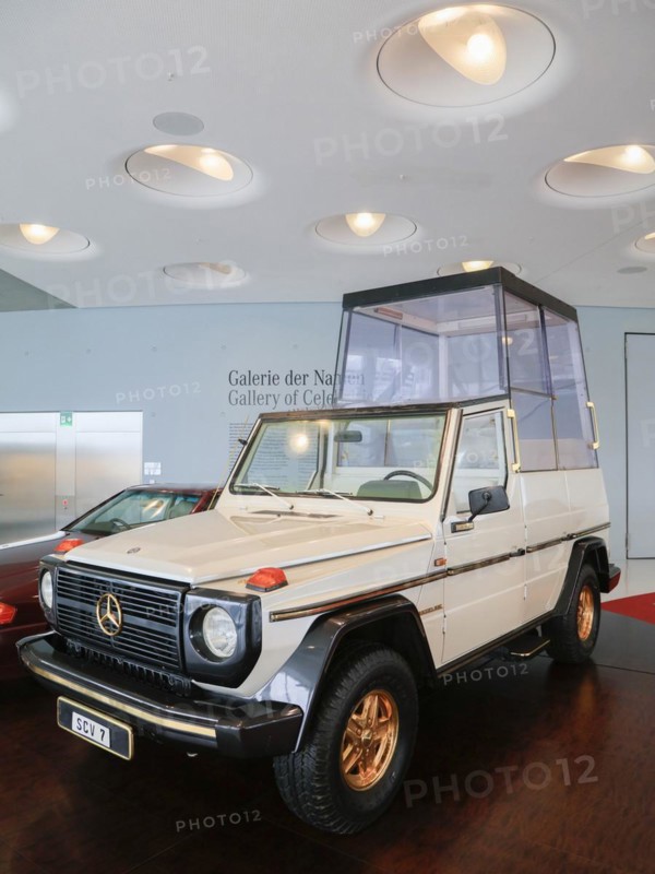 Mercedes-Benz 230 G Popemobile for Pope John Paul II, Mercedes-Benz Museum, Stuttgart, Baden-Wuerttemberg, Germany, Europe