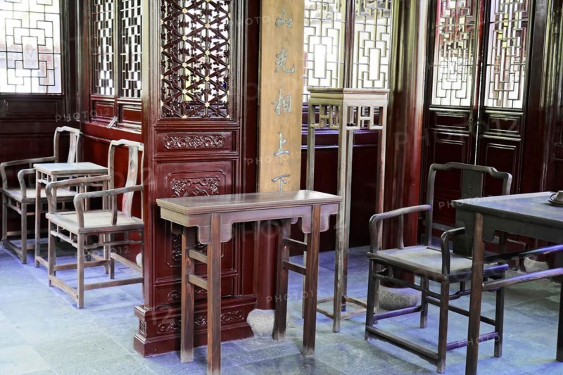 Excursion to Zhujiajiao Water Village, Shanghai, China, Asia, A traditional Chinese wedding hall with finely carved wooden furniture and authentic flair, Asia