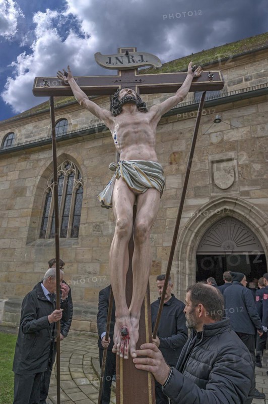 Historic Good Friday procession for 350 years with life-size wood-carved figures from the 18th century, Neunkirchen am Brand, Middle Franconia, Bavaria, Germany, Europe