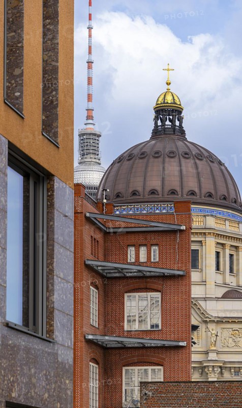 Schinkelplatz with Bauakademie, dome of the Humboldt Forum and the television tower, Berlin, Germany, Europe