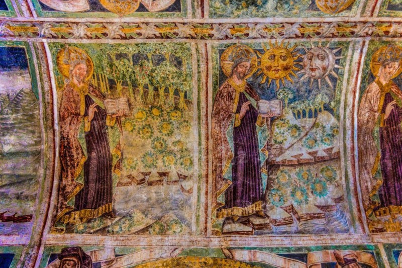 Barrel vaults with a history of creation, Gothic frescoes from 1490, a highlight of medieval wall painting, by Johannes von Kastav, Romanesque Church of the Holy Trinity, 15th century, Hrastovlje, Slovenia, Hrastovlje, Slovenia, Europe