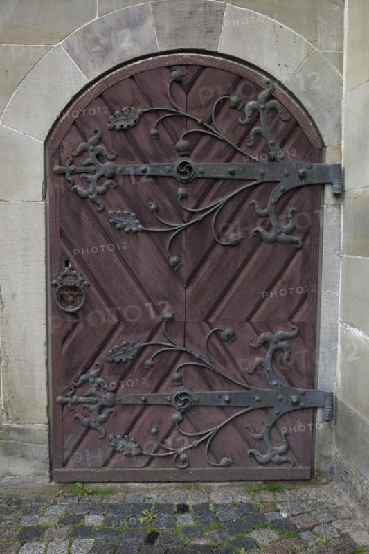 Historic door, wooden door, wood, handicraft, handcraft, portal, blacksmith, blacksmithing, locksmith, old town, market square, Schwaebisch Hall, Hohenlohe, Heilbronn-Franken, Baden-Wuerttemberg, Germany, Europe