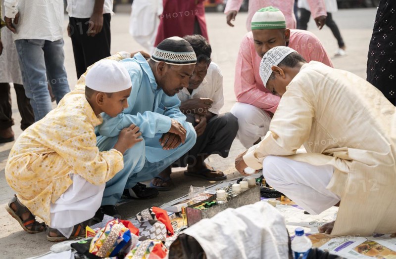 GUWAHATI, INDIA, APRIL 11: Muslims people buys attar before Eid al-Fitr prayer at Eidgah in Guwahati, India on April 11, 2024. Muslims around the world are celebrating the Eid al-Fitr holiday, which marks the end of the fasting month of Ramadan