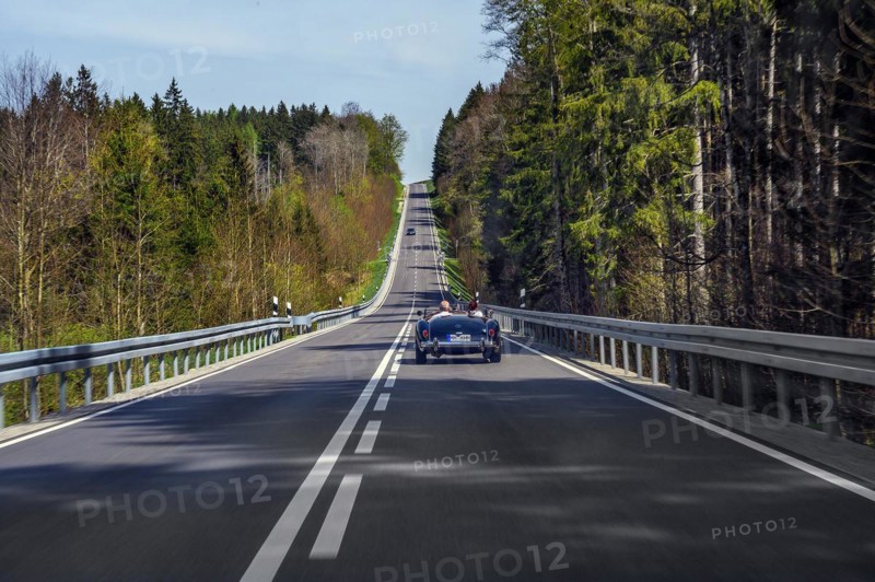 Country road near Boerwang with an old MG sports car, Allgaeu, Swabia, Bavaria, Germany, Europe