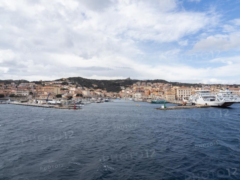 View from the sea, harbour and town of Maddalena, panoramic view, Isola La Maddalena, Sardinia, Italy, Europe