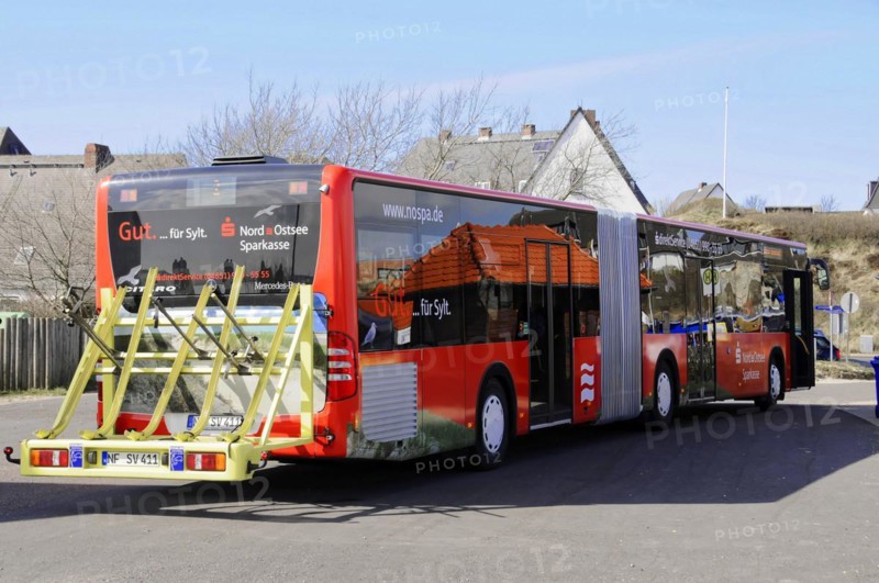 Crepes stand, Hoernum, Sylt, North Frisian island, Schleswig Holstein, A red articulated public transport bus on a street corner, Sylt, Schleswig-Holstein, Germany, Europe