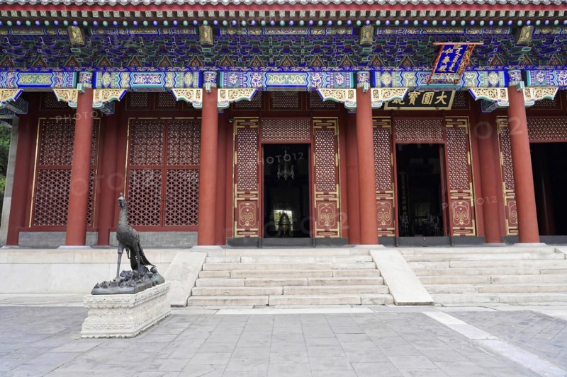 New Summer Palace, Beijing, China, Asia, A temple with an impressive entrance flanked by a dragon sculpture and steps, Beijing, Asia