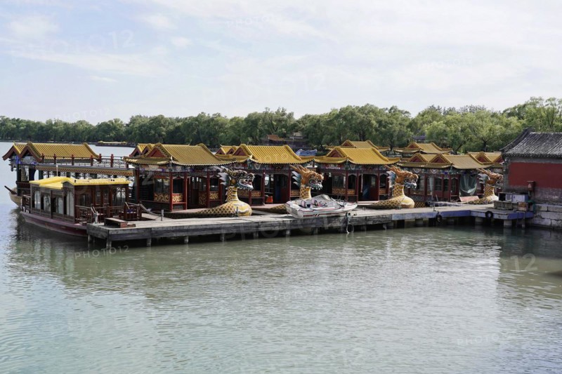 New Summer Palace, Beijing, China, Asia, Chinese ship on the shore of a lake under a clear blue sky, Beijing, Asia