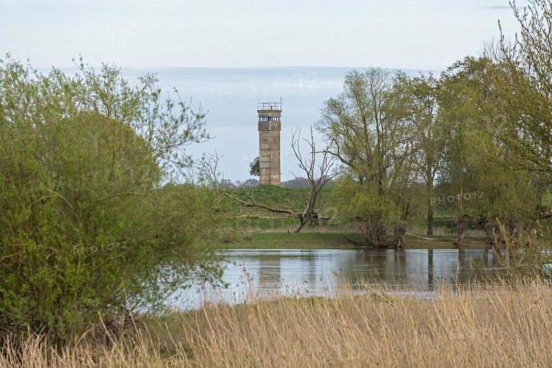 Former watchtower of the GDR, watchtower, trees, reeds, water, Elbe, Elbtalaue near Bleckede, Lower Saxony, Germany, Europe