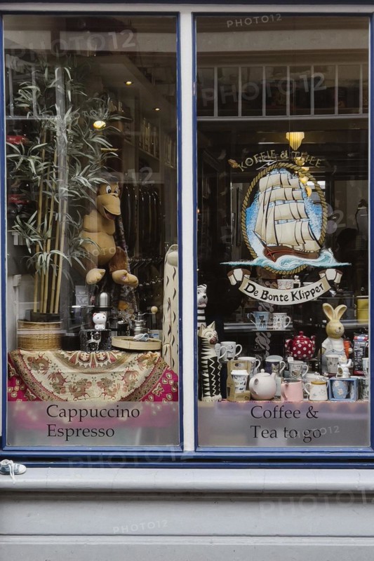 Window of a cafe, window, decorated, lovingly, porcelain, cups, crockery, urban, city, city trip, Dutch, creative, city centre, Deventer, Netherlands