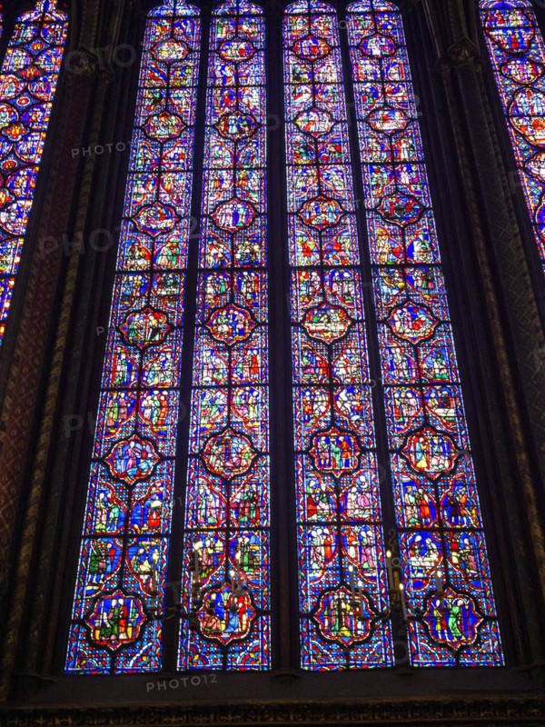 Paris 1er arr. Stained glass of the Holy Chapel (La Sainte Chapelle) built on the Ile de la Cite at the request of Saint Louis, Ile de France. France