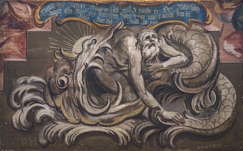 Detail of the Holy Sepulchre, the prophet Jonah, spat out by the great fish, whale, around 1750, St Oswald Church, Baunach, Upper Franconia, Bavaria, Germany, Europe