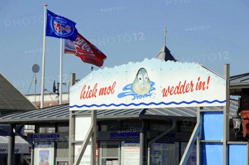 List, Sylt, Schleswig-Holstein, A welcome sign with a seal, surrounded by flag decoration and blue sky, Sylt, North Frisian Island, Schleswig-Holstein, Germany, Europe