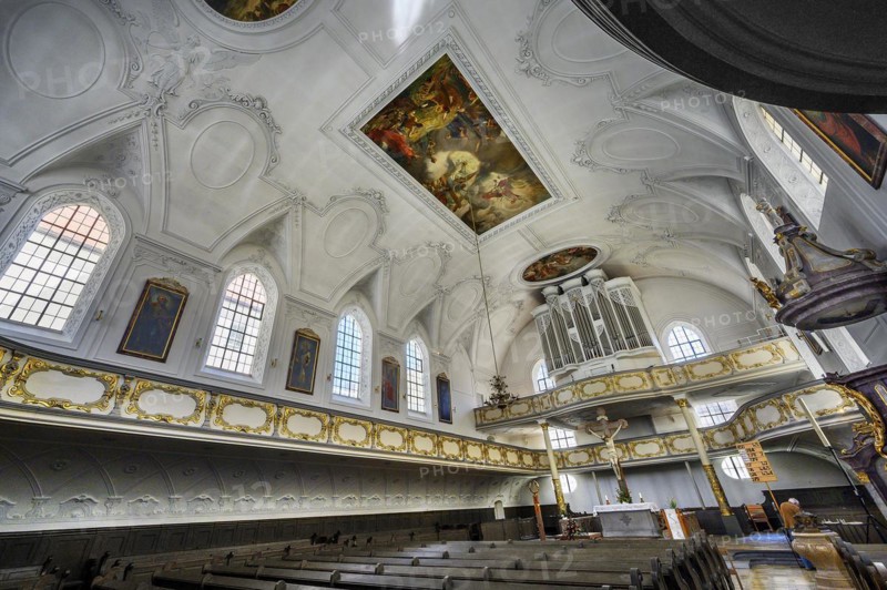 Organ loft, Dreifaltigkeitskirche, Kaufbeuern, Allgaeu, Swabia, Bavaria, Germany, Europe