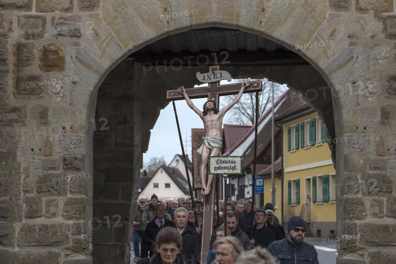 Historic Good Friday procession for 350 years with life-size wood-carved figures from the 18th century, Neunkirchen am Brand, Middle Franconia, Bavaria, Germany, Europe