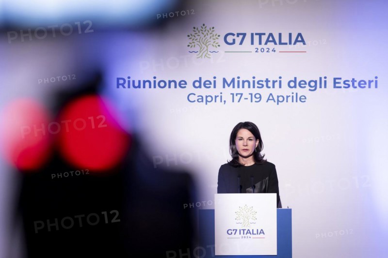 Annalena Baerbock (Alliance 90/The Greens), Federal Foreign Minister, photographed at a press conference during the meeting of the G7 foreign ministers in Capri, 18 April 2024. Photographed on behalf of the Federal Foreign Office