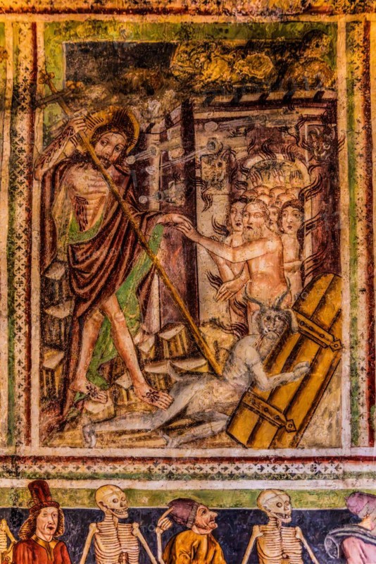 Resurrection of Christ and Salvation of the Poor Souls, Gothic frescoes from 1490, a highlight of medieval wall painting, by John of Kastav, Romanesque Church of the Holy Trinity, 15th century, Hrastovlje, Slovenia, Hrastovlje, Slovenia, Europe