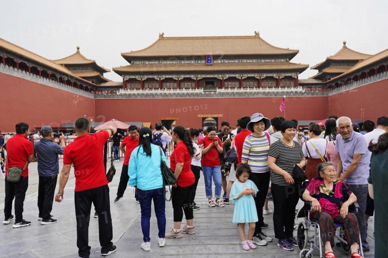 China, Beijing, Forbidden City, UNESCO World Heritage Site, Visitors in front of the historic Imperial Palace in Beijing, Asia