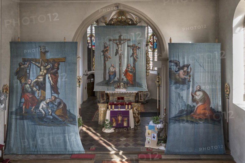 Three historical Lenten cloths, created around 1890, St Laurentius Church, Schoenau an der Brend, Lower Franconia, Bavaria, Germany, Europe