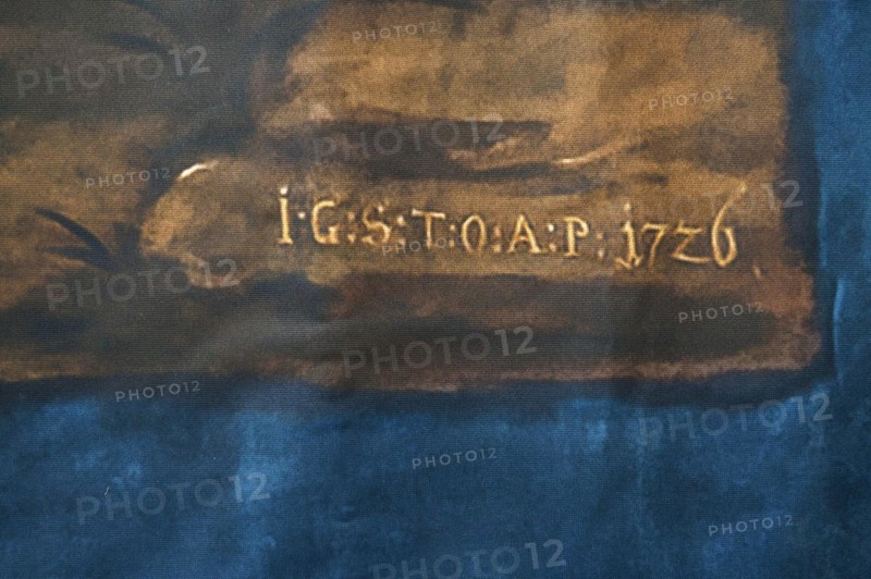 Date on the Lenten cloth, 1726, parish church of St Nicholas, Gundelsheim, Baden-Wuerttemberg, Germany, Europe