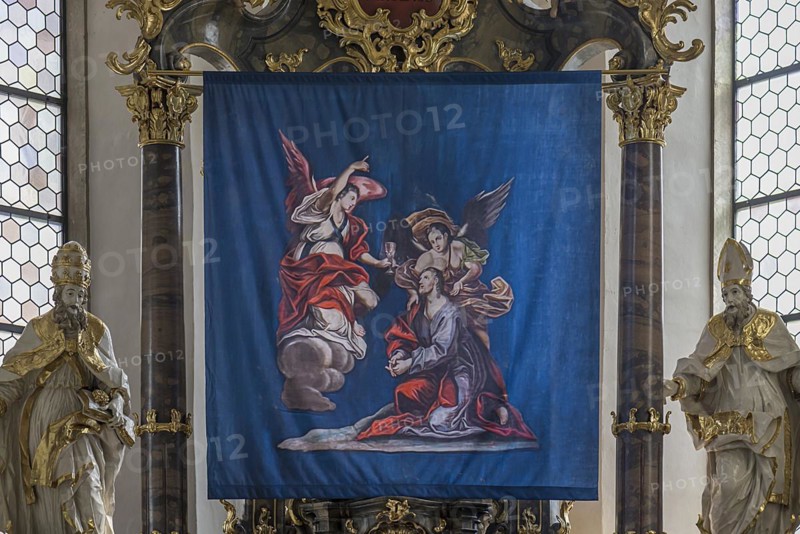 Historic Lenten cloth, made in 1726, in front of the main altar, St Nicholas parish church, Gundelsheim, Baden-Wuerttemberg, Germany, Europe