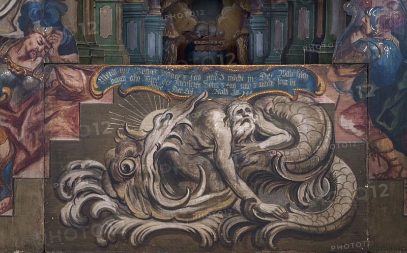 Detail of the Holy Sepulchre, the prophet Jonah, spat out by the great fish, whale, around 1750, St Oswald Church, Baunach, Upper Franconia, Bavaria, Germany, Europe