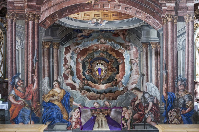 Holy Sepulchre, created in 1764, below the reclining Christ, in front of the altar of St Bartholomew's Church, Kleineibstadt, Lower Franconia, Bavaria, Germany, Europe
