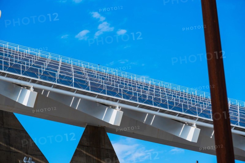 The photovoltaic pergola in the Forum district, a sail the size of a football pitch made of solar panels in the harbour on the beach in Barcelona, Spain, Europe