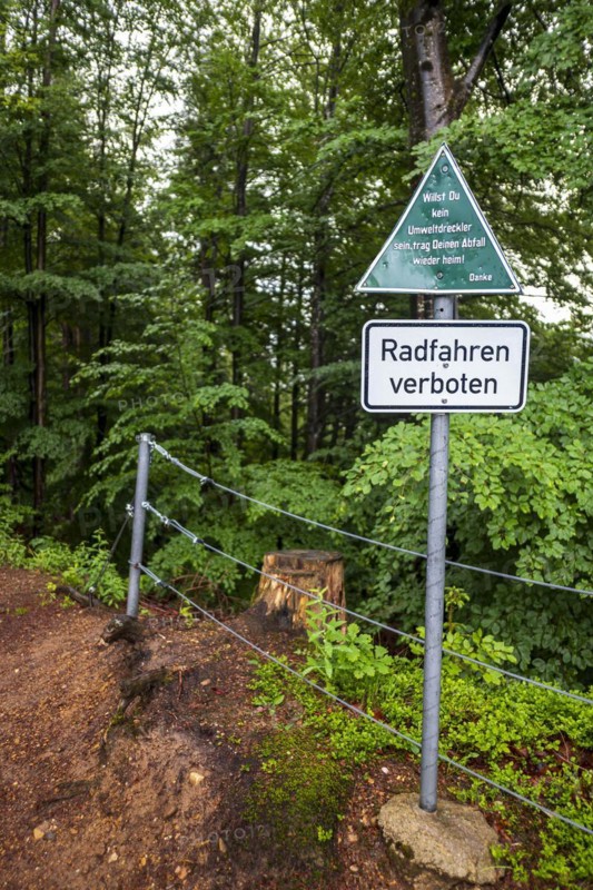 Keeping the environment clean, message to polluters and cyclists on a sign at the upper entrance to the Eistobel, in the nature reserve of the same name near Gruenenbach in Westallgaeu, Bavaria, Germany, Europe