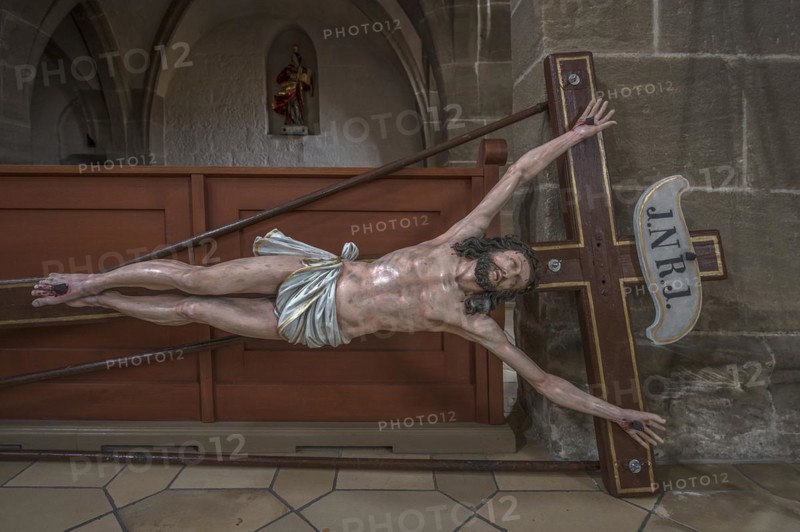 Life-size, carved figure of Jesus on the cross, 350-year-old processional figure in St Michael's Church, Neunkirchen am Brand, Middle Franconia, Bavaria, Germany, Europe
