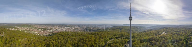 TV tower, the world's first reinforced concrete tower, landmark and sight of the city of Stuttgart and official cultural monument, panoramic photo, drone photo, Stuttgart, Baden-Wuerttemberg, Germany, Europe