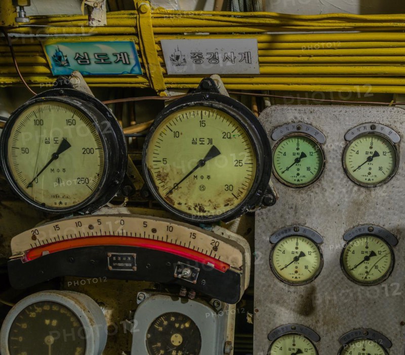 Closeup of gauges and electrical wiring on board submarine on display at Unification Park in Gangneung, South Korea, Asia